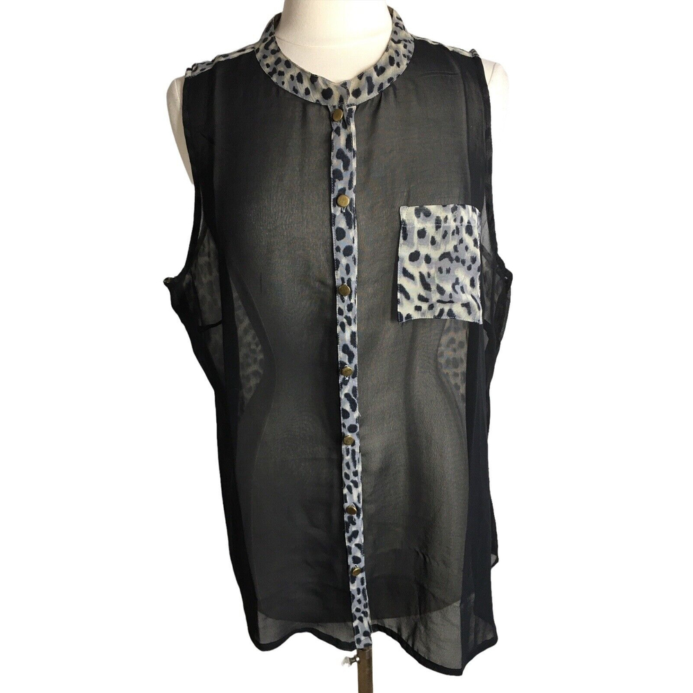 Just One Women Black & Leopard Sheer Print Sleeveless Blouse 3X Polyester C87